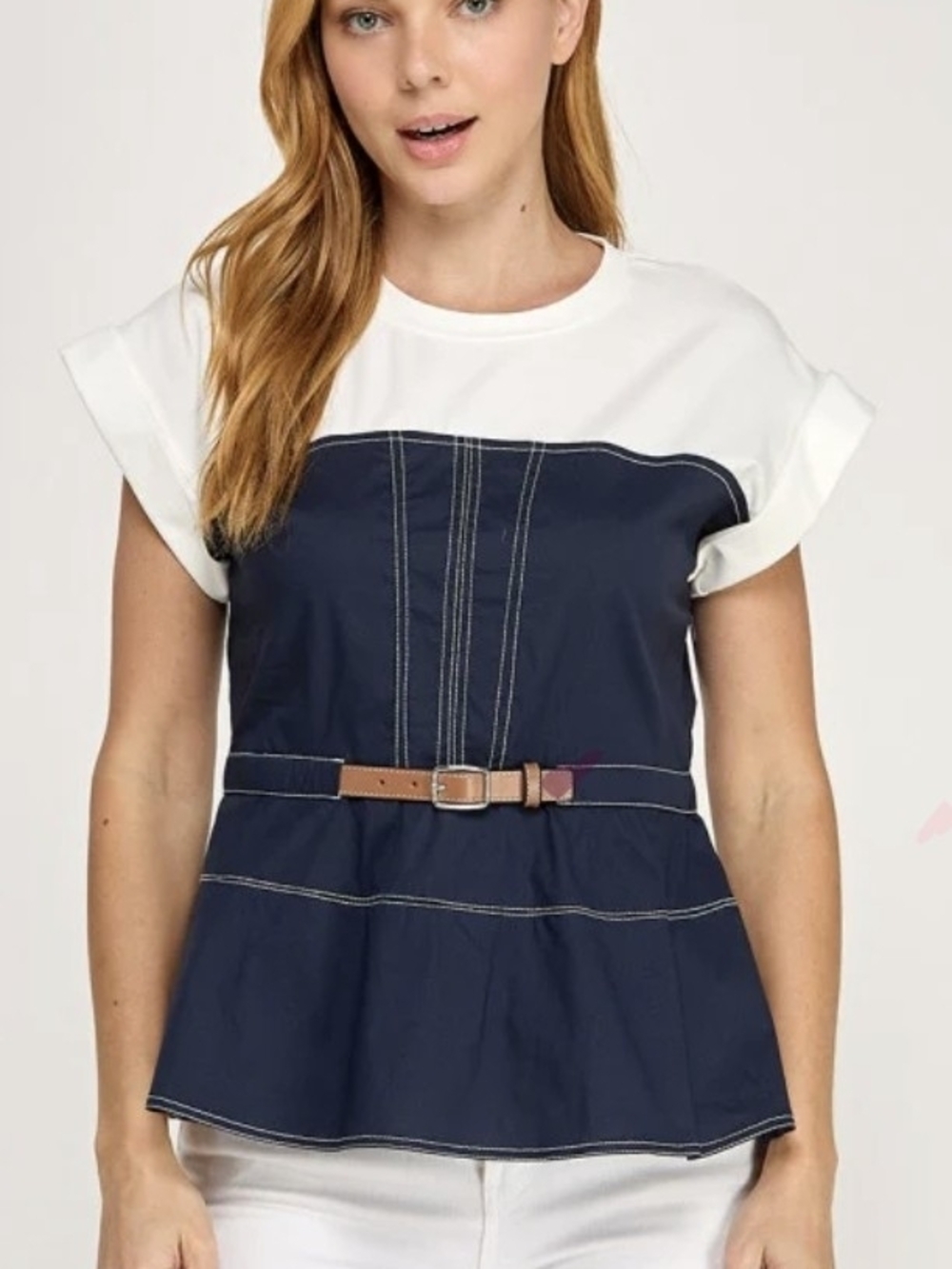 Navy and White Peplum Top with Brown Belt